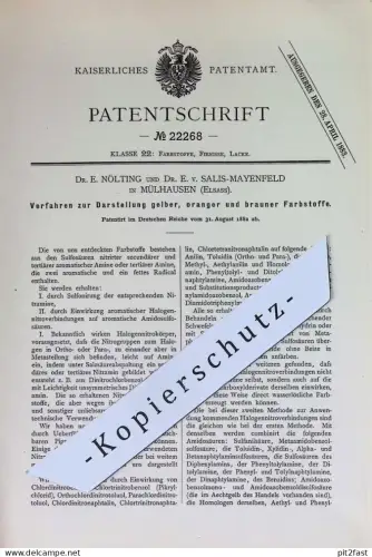 original Patent - Dr. E. Nölting , Dr. E. v. Salis - Mayenfeld , Mülhausen , Elsass | 1882 | Farbstoffe , Farbe , Säure