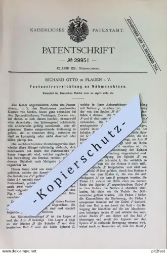 original Patent - Richard Otto , Plauen i. V. | 1884 | Festonniervorrichtung an Nähmaschinen | Einsäumen | Saum , Nähen