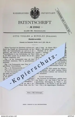 original Patent - Otto Vogler , Bunzlau , Schlesien | 1884 | Ofentürverschluss | Ofentür , Ofen , Öfen , Ofenbauer