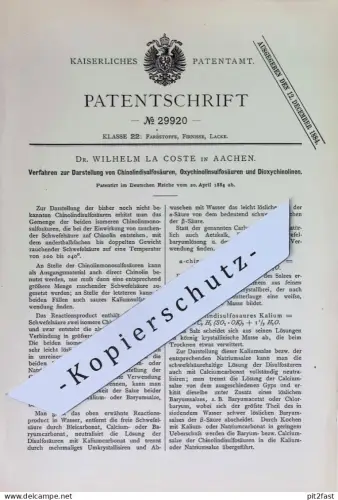 original Patent - Dr. William la Coste , Aachen | 1884 | Darstellung von Sulfosäuren | Säure , Säuren , Schwefelsäure