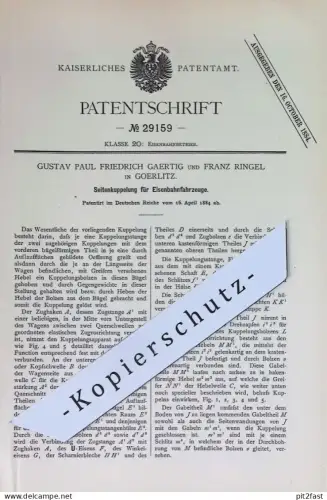 original Patent - Gustav Paul Friedrich Gaertig , Franz Ringel , Görlitz | 1884 | Seitenkupplung für Eisenbahnen | Bahn