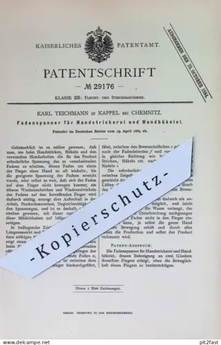 original Patent - Karl Teichmann , Kappel / Chemnitz | 1884 | Fadenspanner für Handstrickerei und Handhäkelei | Stricken
