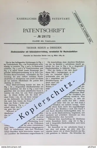 original Patent - Teodor Remus , Dresden | 1884 | Zündholzbehälter mit Selbstzünder | Zünder , Zündung , Zündhölzer !!