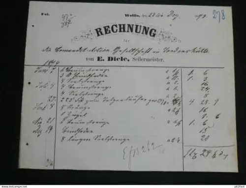 Seilermeister E. Diele in Wollin / Wolin in Pommern , alte Rechnung , Dokument !!