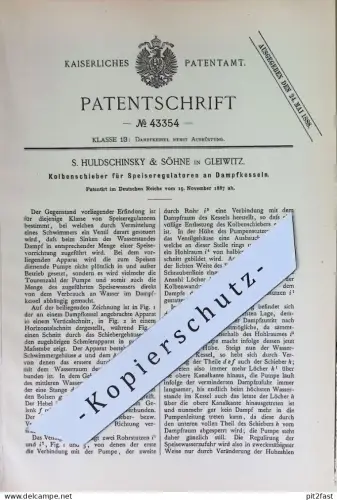original Patent - S. Huldschinsky & Söhne , Gleiwitz | 1887 | Kohlenschieber für Speiseregulator an Dampfkessel | Kessel