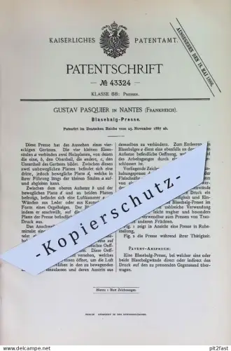 original Patent - Gustav Pasquier , Nantes , Frankreich | 1887 | Blasebalg - Presse | Pressen !!