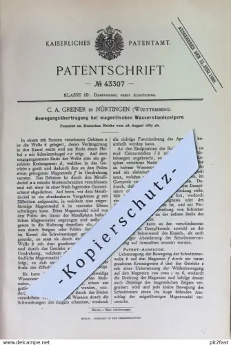 original Patent - C. A. Greiner , Nürtingen , Württemberg | 1887 | magnetische Wasserstandsanzeiger | Dampfkessel Kessel