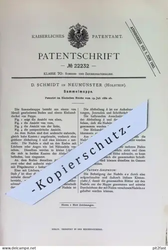 original Patent - D. Schmidt , Neumünster , Holstein | 1882 | Sammelmappe , Mappe | Aktenordner , Ordner , Papier , Büro