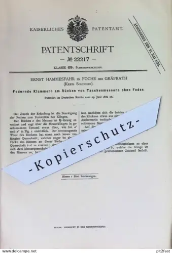 original Patent - Ernst Hammesfahr , Foche / Gräfrath , Solingen | 1882 | Klammern am Rücken von Taschenmesser | Messer