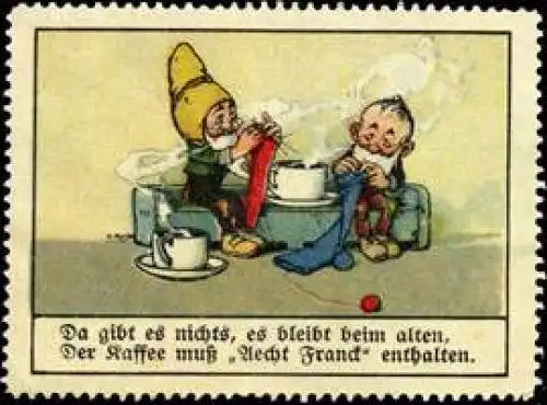 Zwerge bei der Handarbeit (Stricken) und Kaffee trinken