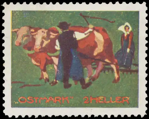 Bauer mit Frau und Kuhgespann beim PflÃ¼gen