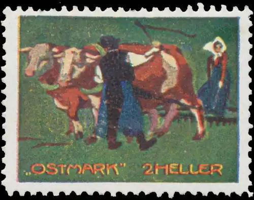 Bauer mit Frau und Kuhgespann beim PflÃ¼gen