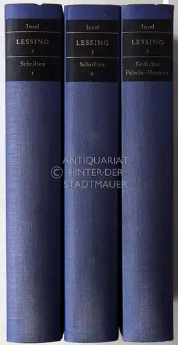 Lessing, Gotthold Ephraim: Lessings Werke. (Erster Band: Gedichte - Fabeln - Dramen; Zweiter Band: Schriften I; Dritter Band: Schriften II. 3 Bde.) Hrsg. v. Kurt Wölfel, Erläuterungen v. Bodo Lecke.