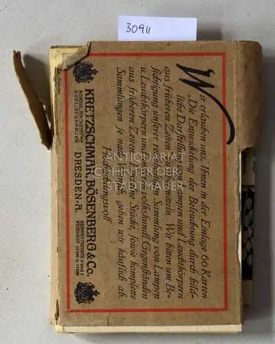 Die Entwicklung der Beleuchtung durch bildliche Darstellung von Lampen und Leuchtkörpern aus früheren Zeiten. (58 Postkarten, von 60). 