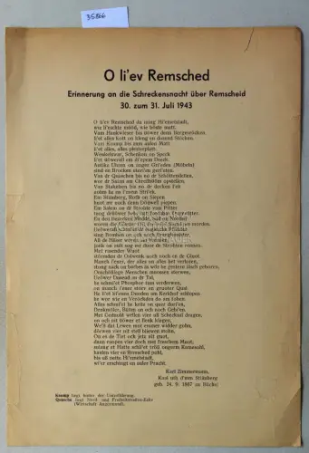 Zimmermann, Karl (*1867): O li`ev Remscheed: Erinnerung an die Schreckensnacht über Remscheid, 30. zum 31. Juli 1943. (Gedicht in Mundart). 