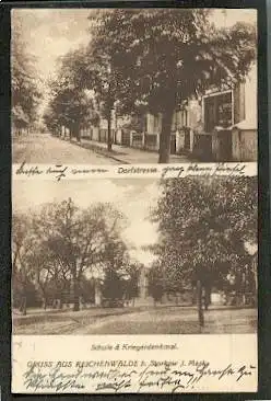 Reichenwalde. Dorfstrasse, Schule und Kriegsdenkmal.