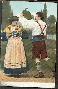 Mann und Frau in Tracht beim Tanz. Prägedruck.