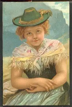 Mädchen in den Bergen in Tracht. Litho.