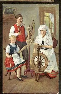 Schlesische Trachten Schlesische Familie beim Spinnen.