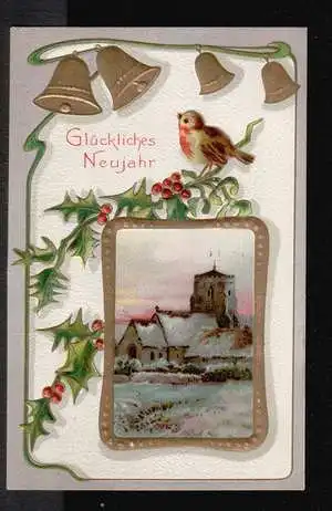 Glückliches Neujahr. Litho und Prägedruck.