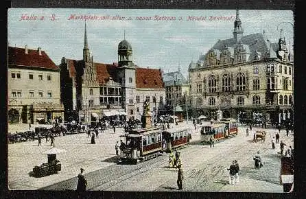 Halle a. S. Marktplatz mit alten u. neuen Rathaus.