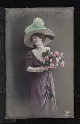 Frau mit Blumen. Foto coloriert.