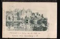 Marburg i.H. Universität und Schloss von der Lahn aus.