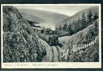 Harzquer u. Brockenbahn. Felseinschnitt im Drängetal.