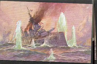 Aus dem Seegefecht in der Nordsee am 24 Jan. 1915. Englischer Schlachtkreuzer im Salvenfeuer deutscher Kreuzer.