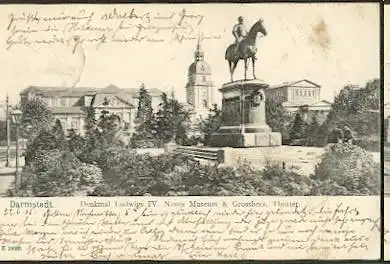 Darmstadt. Denkmal Ludwig IV. Neues Museum & Grossherz. Theater.