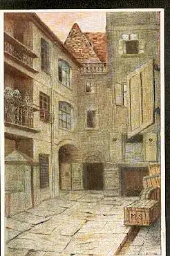 Breslau. Historische Stätten zu G. Fraytags &quot;Soll und Haben&quot;. Karte No 3. Links Wirtschaftsräume. Geradeaus Eingang zu den Riessenkellern.