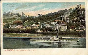 Dresden. Loschwitz vom Schillergarten aus gesehen. Drahtseilbahn Luisenhof. Schwebebahn Loschwitzhöhe.