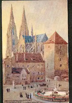 Regensburg. Moltkeplatz mit Römerturm und Herzogshof.