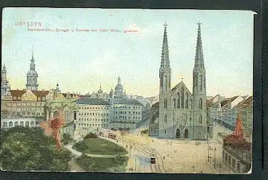 Dresden. Sophienkirche. Zwinger und Schloss von Hotel Weber gesehen.