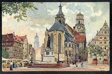 Stuttgart. Schillerdenkmal und Stiftskirche.