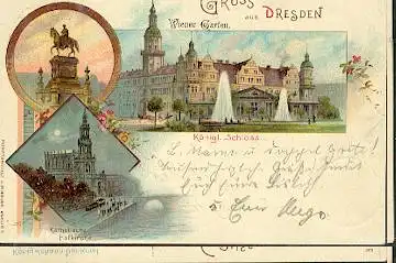 Dresden. Gruss aus Dresden. König Johann Denkmal. Wiener Garten. Katholische Hofkirche. Königl. Schloss.