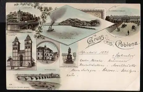 Coblenz. Gruss aus Carthaus, Ehrenbreitenstein, Kgl. Schloss in C. , St. Florins Kirche, Moselbrücke, Denkmal d. Gen. Göben