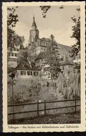 Tübingen. Am Neckar mit Hölderlinturm und Stiftskirche