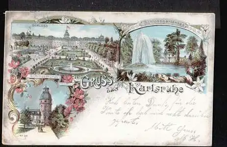 Karlsruhe. Gruss aus Schloss, Schlossthurm, Schlossgartensee.