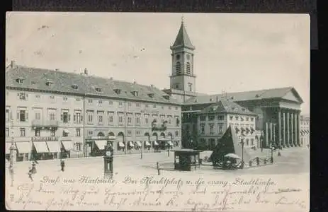 Karlsruhe. Gruss aus Der Marktplatz und die evang. Stadtkirche