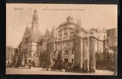 Bielefeld. Rathaus mit Kaiser Wilhelm Denkmal und Stadttheater