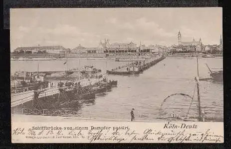 Köln Deutz. Schiffbrücke von einem Dampfer passiert