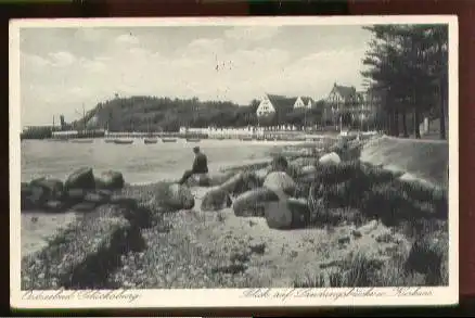 Glücksburg. Ostseebad. Blick auf Landungsbrücke und Kurhaus