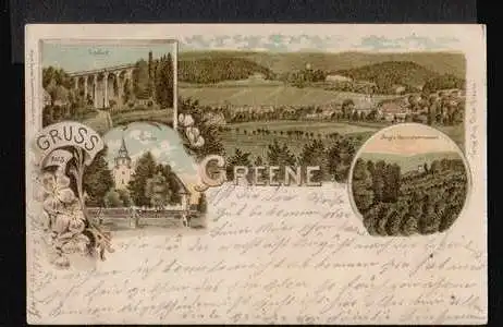 Greene. Gruss aus. Viaduet, Kirche, Burg v. Heinrichsbrunnen