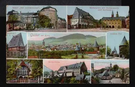Goslar am Harz. Hotel "Der Achtermann", Marktplatz mit Kaiserworth und Rathaus, Brusttuch v. J. 1526, Breites Tor, Kaiserhaus, Frankenberger Plan