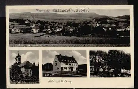 Walburg. Gruss aus. Gesamtansicht, Kirche, Schule, Dorflinden