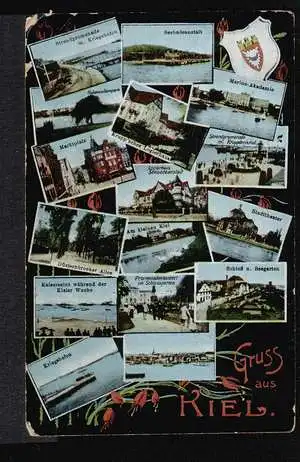 Kiel. Gruss aus Strandpromenade mit Kriegshafen, Seebadeanstalt, Marineakademie, Marktplatz, Krupp´sches Logierhaus, Logierhaus Seebadeanstalt, Strandpromenade mit Kruppdenkmal, Düsternbrooker Allee, Am kleinen Kiel, Stadttheater, Kaisersalut...