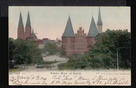 Lübeck. Gruss aus. Holstentor, Marien und Petrikirche