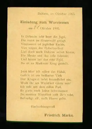 Berlin. Einladung zum Wurstessen am 21. Oktober 1905