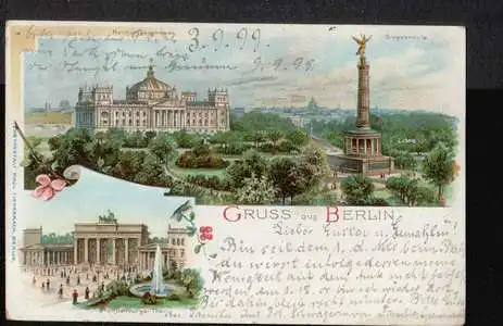 Berlin. Gruss aus. Reichstag, Siegessäule, Brandenburger Tor.